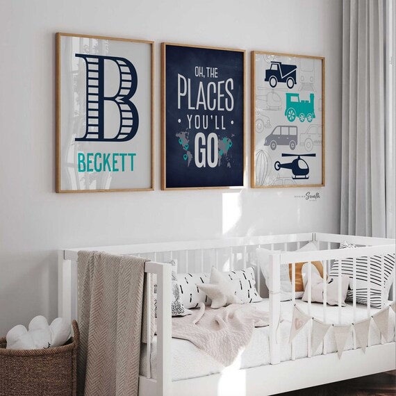 Transportation theme for boys nursery or bedroom, personalized name print for boys, oh the places you'll go, cars, turquoise and navy prints
