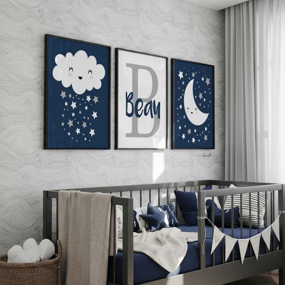 Celestial Nursery Decor: Navy Blue Stars, Moon, Cloud Prints