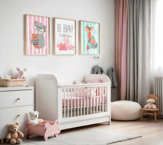 Baby girl mountain nursery decor, woodland pink fox girl, pink and gray fox art, woodland nursery girl, pink fox, pink coral mint woodland