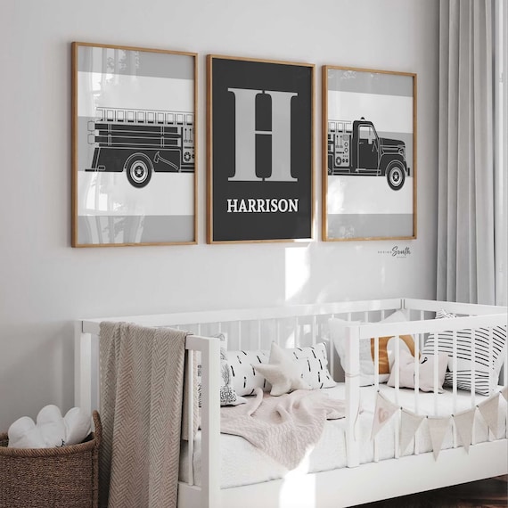 Gray fire truck nursery decor, little firefighter gift, gray firetruck art, firetruck theme, boys firetruck decor, wall art firefighter gift