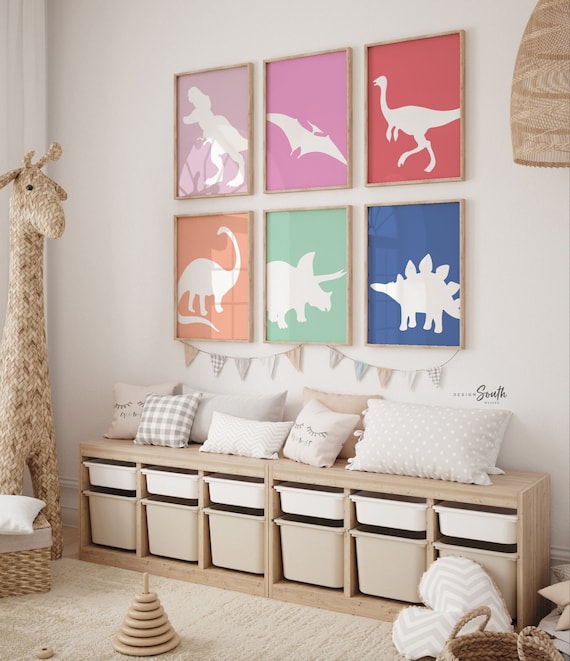 Colorful dinosaur art, little girl room dinosaur themed, wall art print set of 6 dinosaurs, collection of dinosaur prints, playroom dinosaur