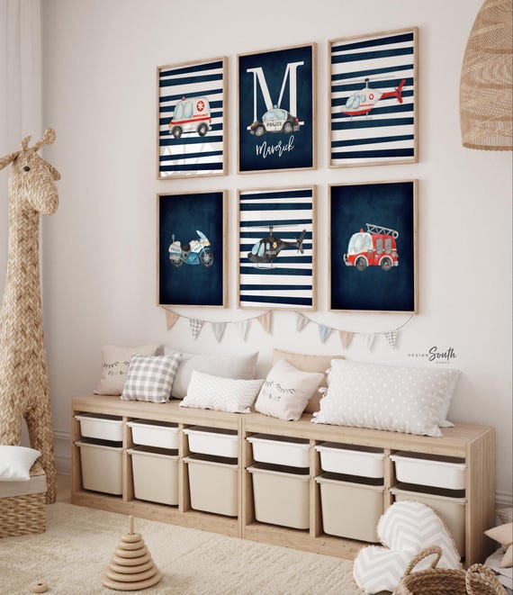 Watercolor Emergency Vehicle Prints: Personalized Nursery Art