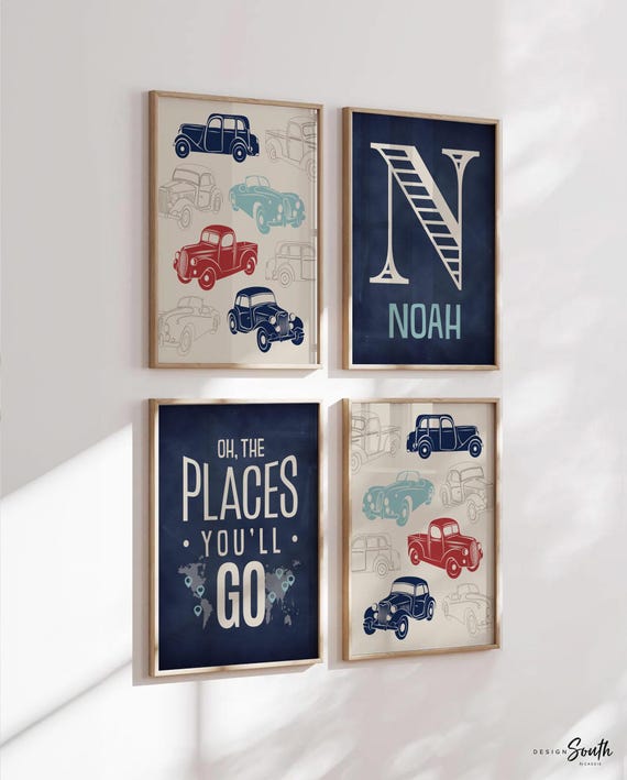Vintage trucks and transportation theme for boys nursery or bedroom, oh the places you'll go, transportation decor for boy, personalized art