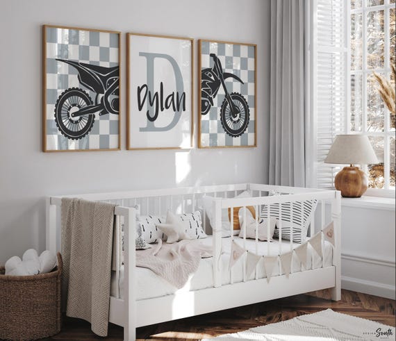 Personalized Dirt Bike Nursery Art: Gray Motocross Prints