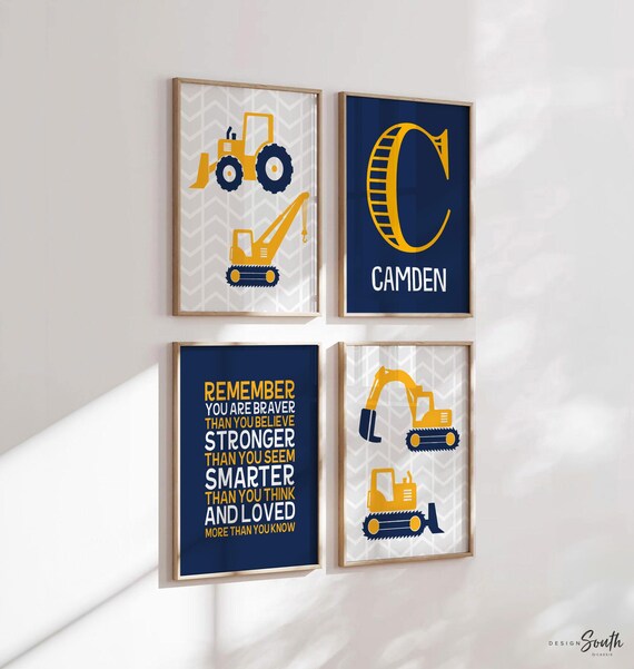 Construction Truck Nursery Prints: Yellow & Navy Blue Boys Room Decor