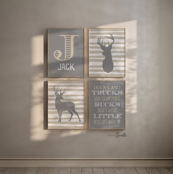 Deer nursery decor, boys nursery art, beige gray, hunting theme nursery, ducks and trucks, eight point bucks, what little boys are made of