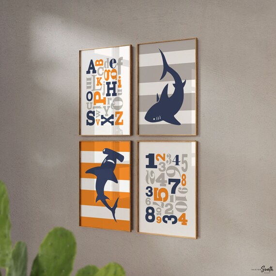 Shark wall art, baby boy nursery decor, sharks nautical boy bedroom navy blue, orange and navy blue, abc boys, shark playroom, boys playroom