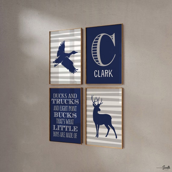 Deer nursery decor, ducks and trucks, eight point bucks, what little boys are made of, duck, deer, navy blue gray, nursery, boys, art prints