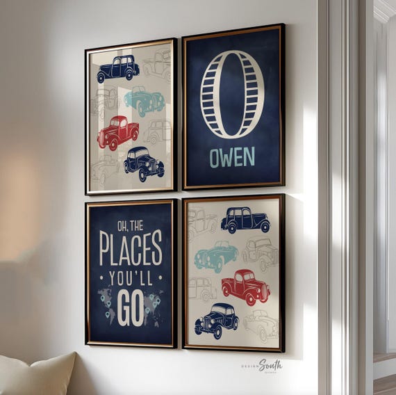 Vintage trucks and transportation theme for boys nursery or bedroom, oh the places you'll go, transportation decor for boy, personalized art