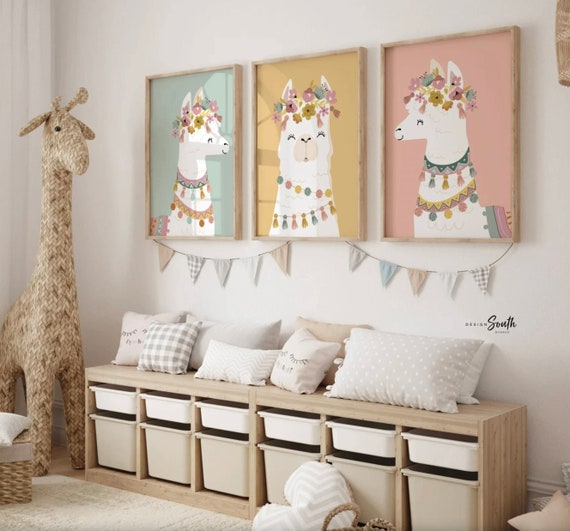 Neutral nursery soft boho colors baby room, elegant neutral girl's wall art, modern boho baby decor llamas, nursery alpaca llama theme child