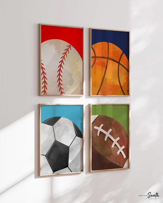 Sports decor boys room, sports decor gift, baseball football basketball soccer, sports theme art, sports themed room decor, playroom sports