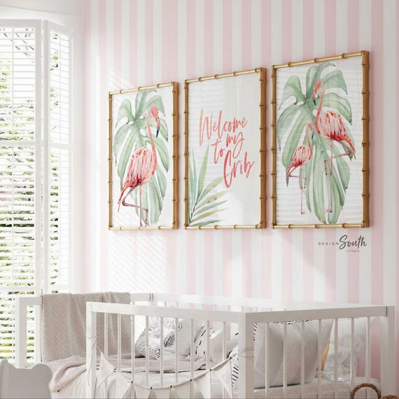 Flamingo Nursery Art Prints: Tropical Baby Room Decor Set