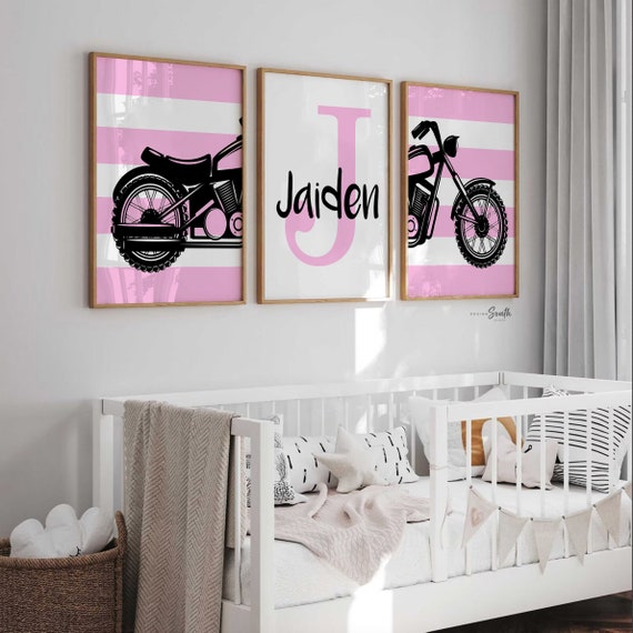 Pink Harley Motorcycle Nursery Art: Girl's Room Decor, Personalized Name Print