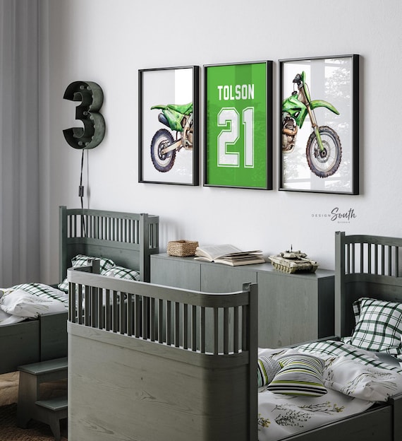 Green Dirt Bike Watercolor Art Prints, Personalized Name Number, Motocross Nursery Decor