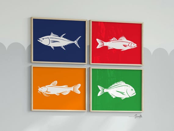 Boys room bright fish art, wall decor for boy bedroom fish themed, red blue green orange fish art prints, gift for boy fish, child fish art