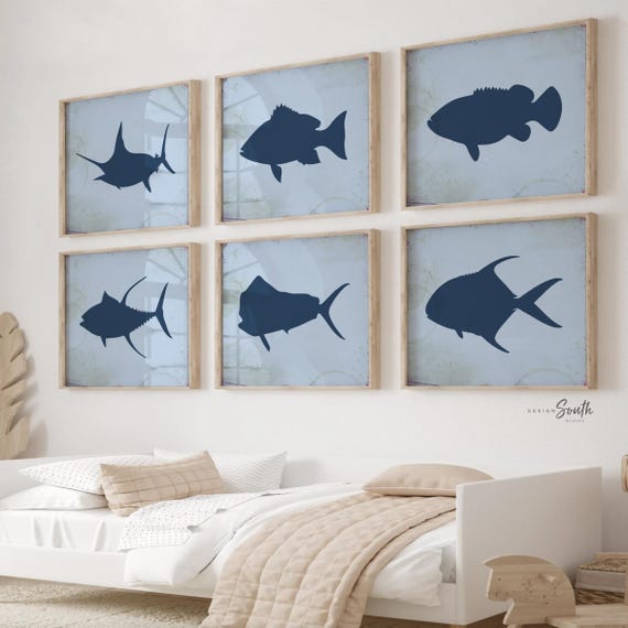 Navy blue boys fishing wall art, boys bedroom navy blue fish, boy nursery navy nautical, toddler fishing art, boys room sea fishing themed