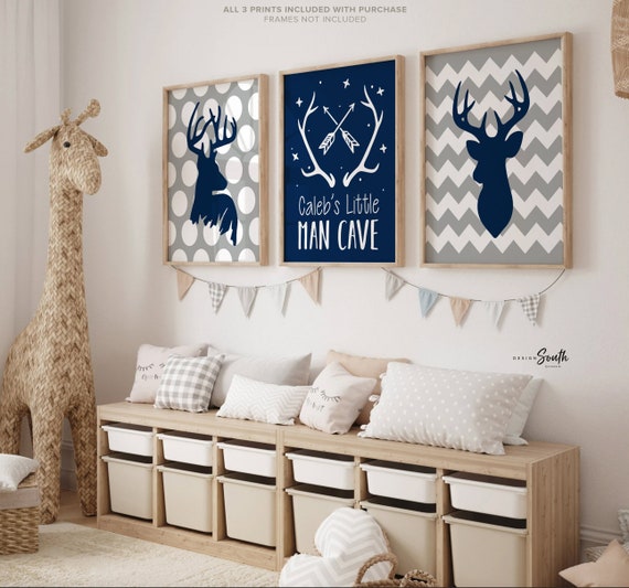 Boys little man cave deer nursery, hunting nursery, deer decor, deer art, boys deer nursery, deer arrows, deer nursery for boys navy gray