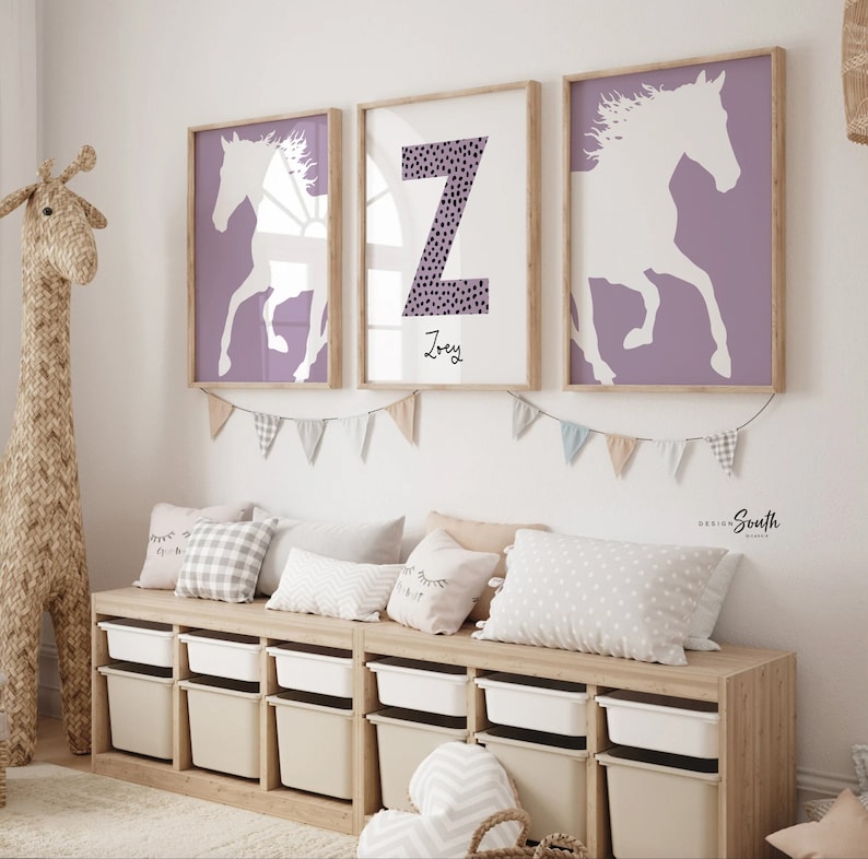 Purple horse girl nursery, horse girl room art, farm nursery decor, girl horse nursery theme, horse gift for girl, farm pony race girly art image 1