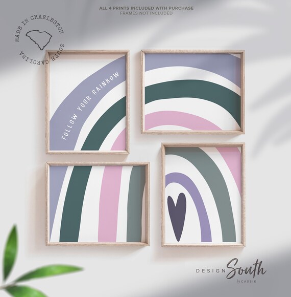 Purple and dark green decor for girls, purple green shades nursery decor, girls heart rainbow quote nursery decor, muted rainbow theme decor