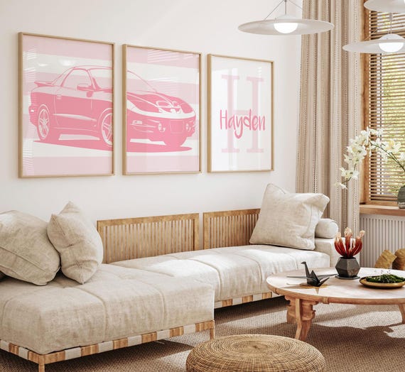 Pink Pontiac Trans Am Prints – Personalized Nursery Wall Art, Set of 3