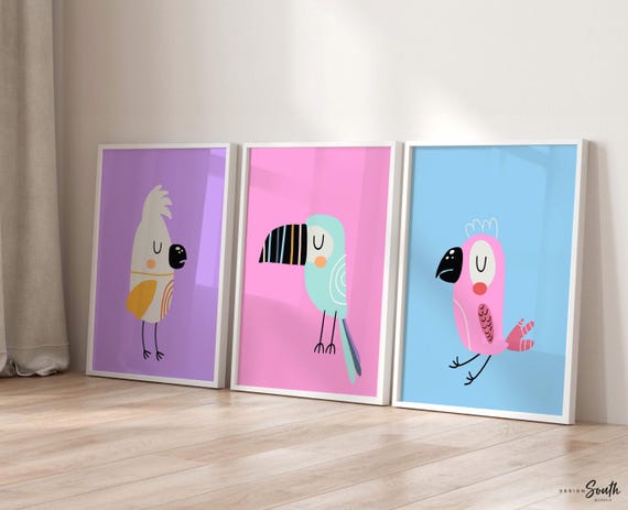 Pastel kid art, baby tropical themed room, tropical bird art, modern trendy pastel art set of 3, toucan bird print, nursery pink blue purple