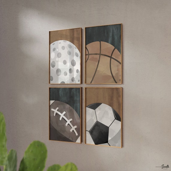 Rustic industrial kids room sports decor, modern sports nursery art set, industrial kids playroom decor, gift for boy sports theme, kid room