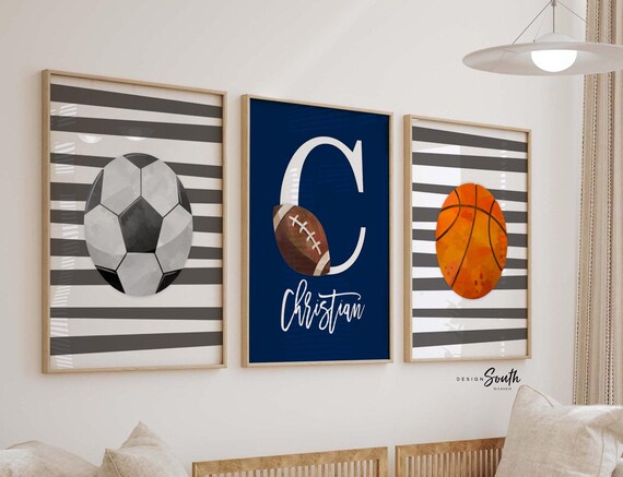 Sports home decor boy name, sports poster boy room, sports wall art, little boy gift, artwork wall crib sports theme, basketball soccer ball