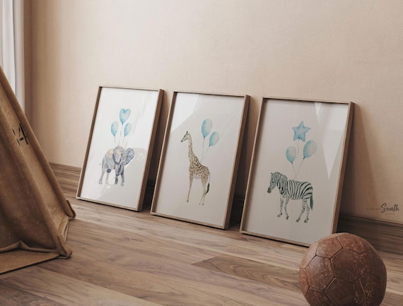 Safari Animal Nursery Art Prints: Zebra, Elephant, Giraffe - Baby Blue Balloons