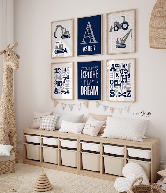 Blue gray construction bedroom theme, little boy construction decor, construction with quote abc's 123's boy's name, build explore prints