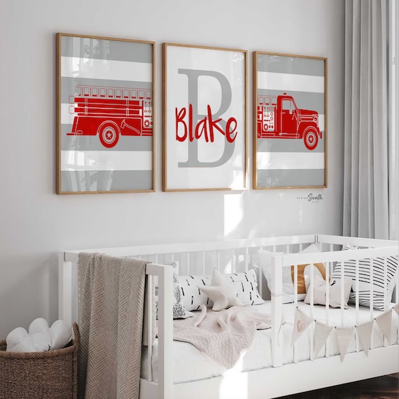 Red Firetruck Nursery Art Prints: Personalized Firefighter Decor
