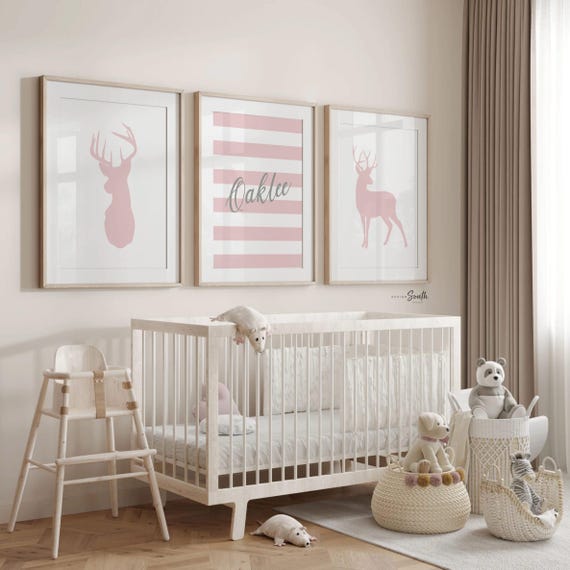 Girl deer room in pink and gray, personalized deer nursery wall art, blush pink deer art, deer hunting decor for little girl, pink fawn baby