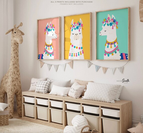 Pastel nursery wall art, llama nursery, alpaca nursery, succulent nursery decor, playroom art, baby girl cactus nursery art, coral mint gift