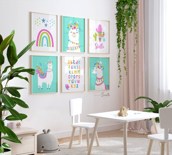 Bright colorful llama art, personalized name sign with llamas flowers, cactus rainbows stars llamas art prints, set of 6 art prints llamas