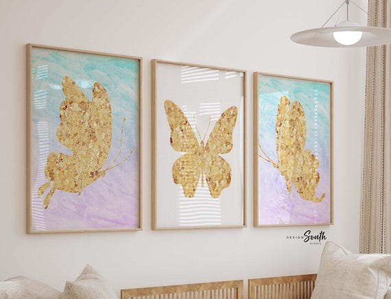 Gold butterfly art, nursery or bedroom butterfly themed, art for girls gold sparkle butterflies, baby room butterfly wall art, print set 3