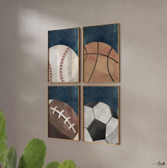 Set of 4 sports balls navy blue wall print, sports baby nursery or little boy's room, all sports sporty gift baby shower, toddler sports art