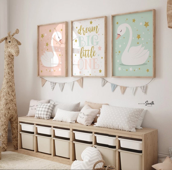 Peach mint gold nursery wall art, peach gold nursery decor, baby girl swan nursery art, swan theme girl nursery, dream big quote print set