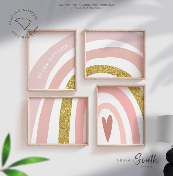 Girl pink gold sparkle art, blush and gold monogram print, golden rainbow, pink gold glitter, chic pink glam nursery or bedroom wall art set