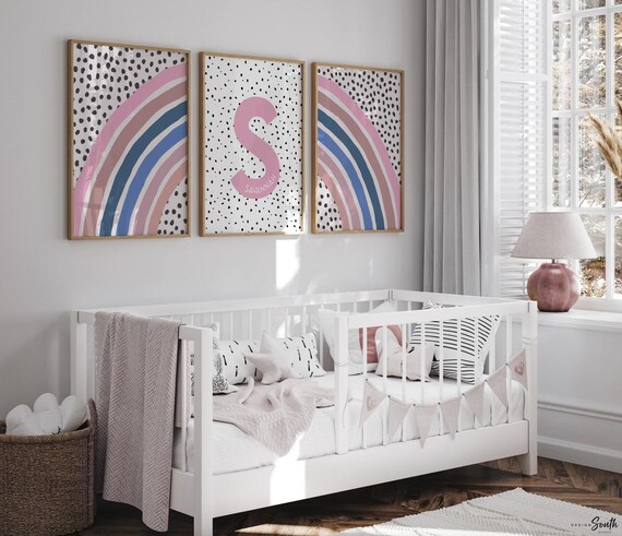 Pink and blue girl bedroom name art, personalized name initial rainbow, gift for little girl, girl birthday gift, pink rainbow bedroom child