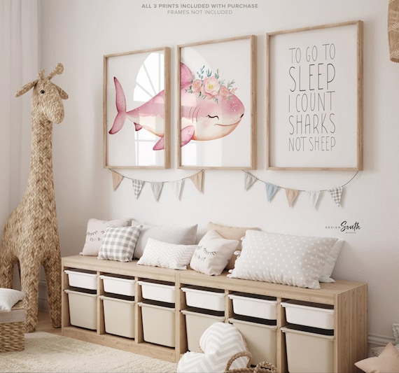 Pink Shark Nursery Prints: Watercolor Ocean Art, Girls Room Decor