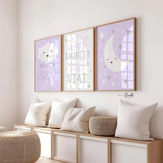 Lilac Nursery Prints: Silver Sparkle Moon, Stars, Cloud Decor