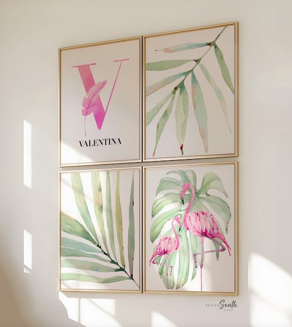Tropical Flamingo Nursery Prints: Pink Green Watercolor, Custom Monogram
