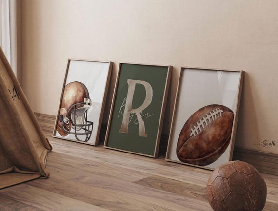Green Football Wall Art Set of 3, Personalized Name and Initial, Football Helmet Nursery Decor, Boy Room Sports Lover Gift