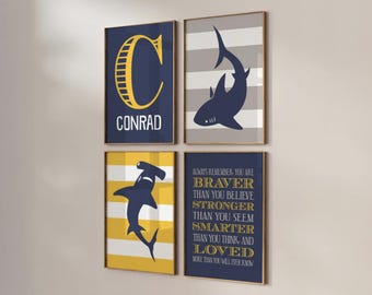 Shark Nursery Art: Set of 4 Striped Prints, Monogram Option