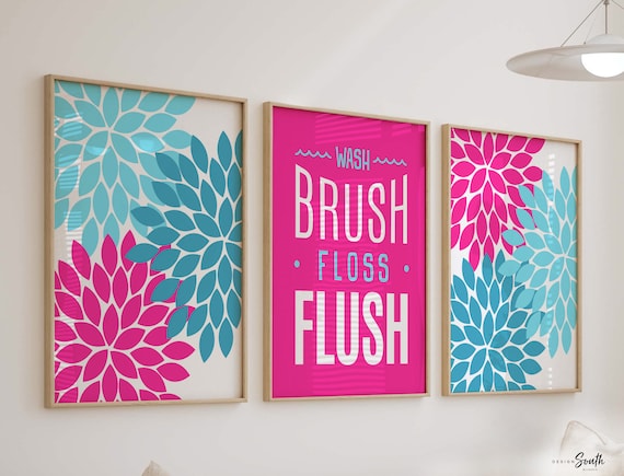 Hot pink girl's bathroom decor, wash brush floss, flush art print, floral bathroom decor pink blue, bright colorful bathroom wall art girl