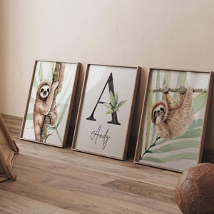 Sloth Nursery Art Prints: Tropical Rainforest Decor, Monogram Set