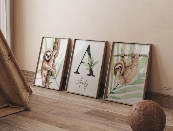 Sloth Nursery Art Prints: Tropical Rainforest Decor, Monogram Set