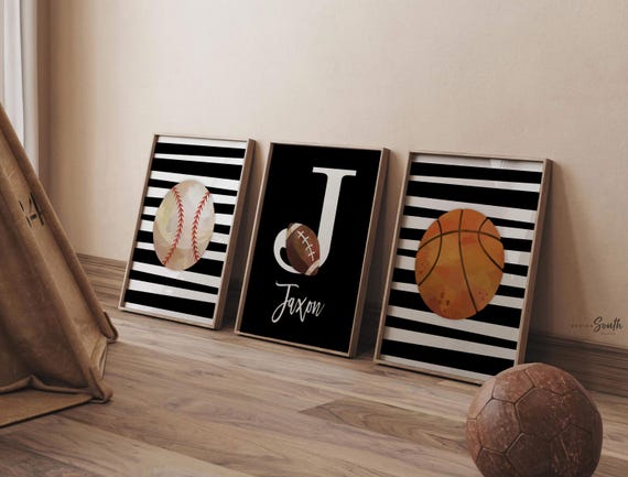Sports wall prints for kid room, sports balls wall pictures, sports art personalized gift, basketball baseball football wall art boy nursery