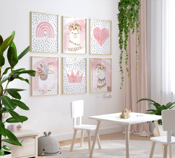 Blush pink llama room, wall art for girls sweet llama, art print set rainbow heart llamas flowers, baby girl nursery wall art, playroom girl