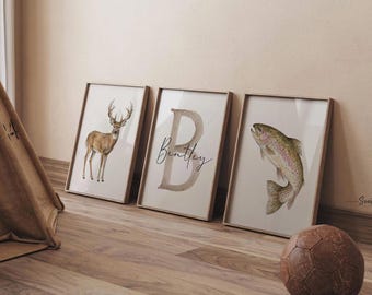 Whitetail Deer and Trout Wall Art Set of 3, Personalized Name and Initial, Hunting Fishing Nursery Decor, Boy Room Gift for Hunter