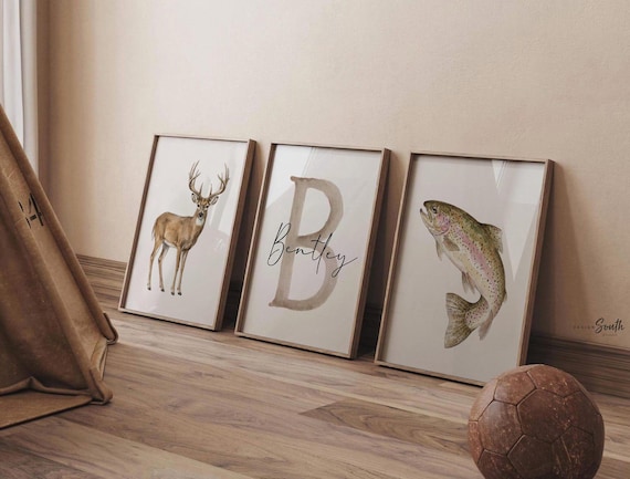 Whitetail Deer and Trout Wall Art Set of 3, Personalized Name and Initial, Hunting Fishing Nursery Decor, Boy Room Gift for Hunter